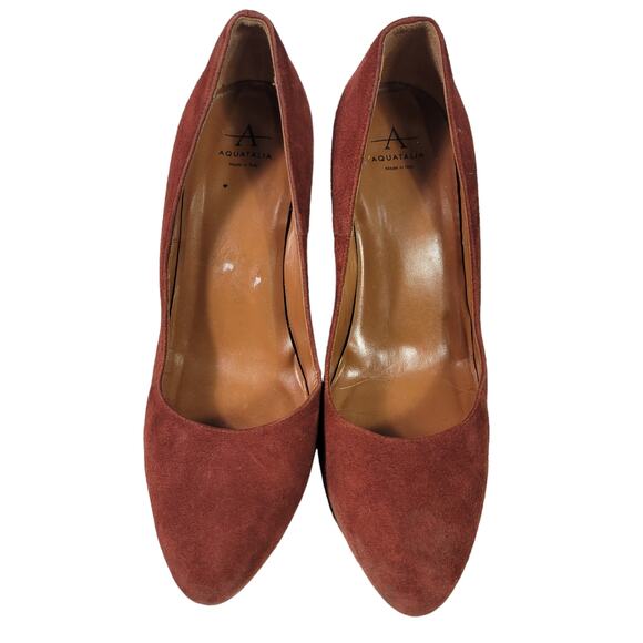 Aquatalia Neely Suede Heels Brown Leather Block Almond Semi Pointed Toe Italy 7 - Picture 2 of 14